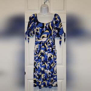 "Suzie in the city" small, midi, dress off shoulder style, blues shades, A-line